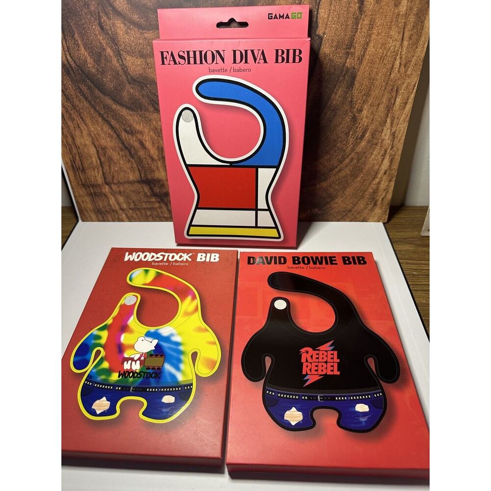 3 Rockin Baby Bibs DAVID BOWIE & WOODSTOCK &FASHION DIVA Terrycloth Bib NEW